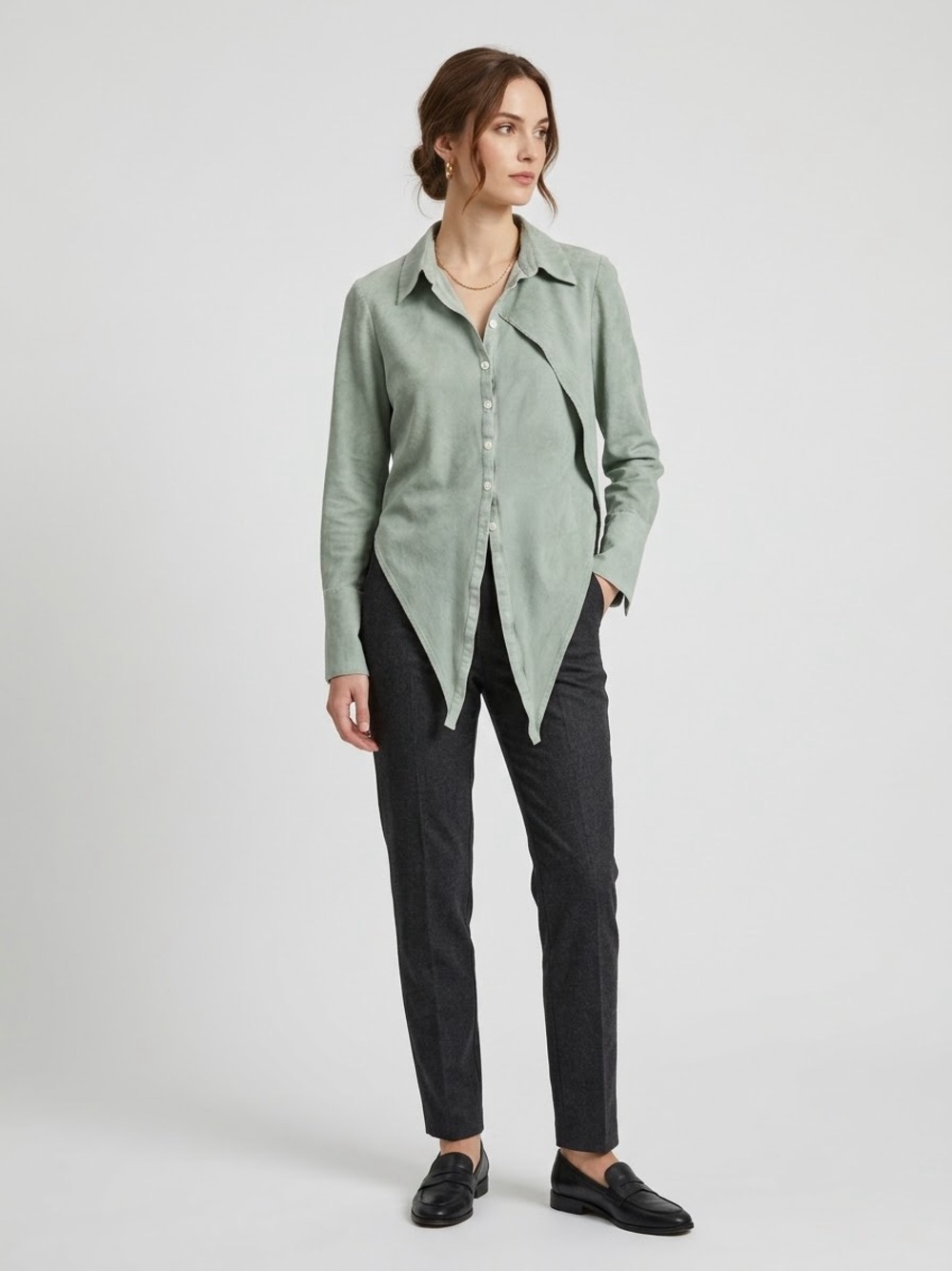 Murmur Mi Sage Green Asymmetric Split-Back Button Down Shirt - Small (EUC)
